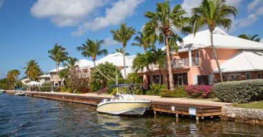 Cayman Islands sea front, houses and boat