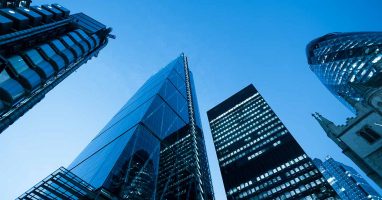 Upward view of London skyscrapers and modern city architecture